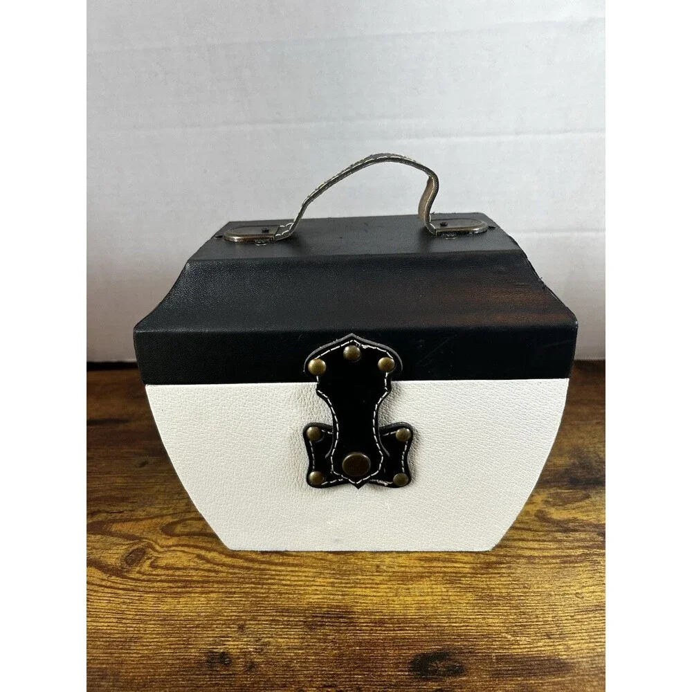 Black White Faux Leather Storage Box Decorative Trunk Case W/ Handle 8X6X7 Vtg